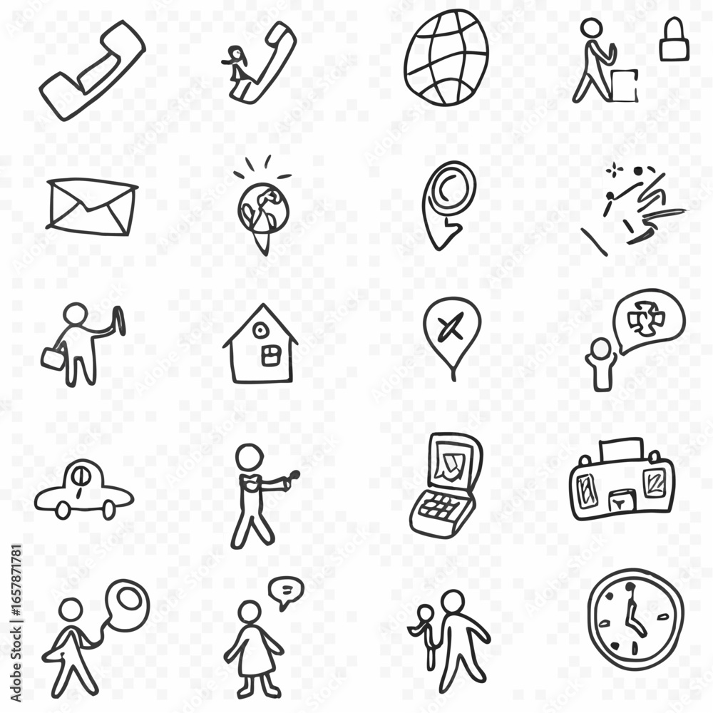 Fototapeta premium Diverse doodle icons representing communication, travel, home, and business concepts for modern design projects.