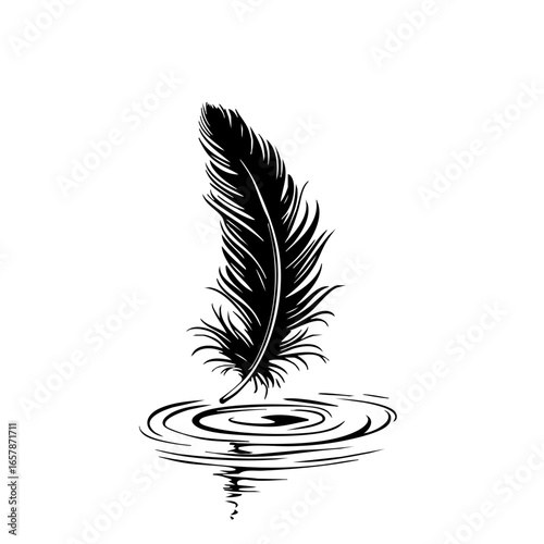 Elegant black feather creating ripples in calm water, symbolizing tranquility and reflection