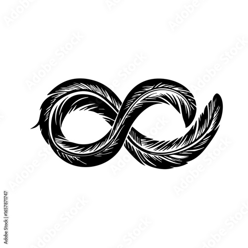 Elegant design of infinity symbol formed by intertwined feathers conveying a sense of continuity and freedom