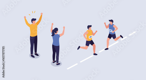 People running a marathon; crowd cheers. Illustration for sports/fitness