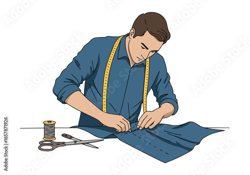 Dressmaker markings cloth with tailor’s chalk, scissors and thread visible