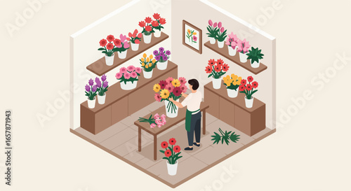 Florist arranges flowers in a store with shelves full of potted colorful plants