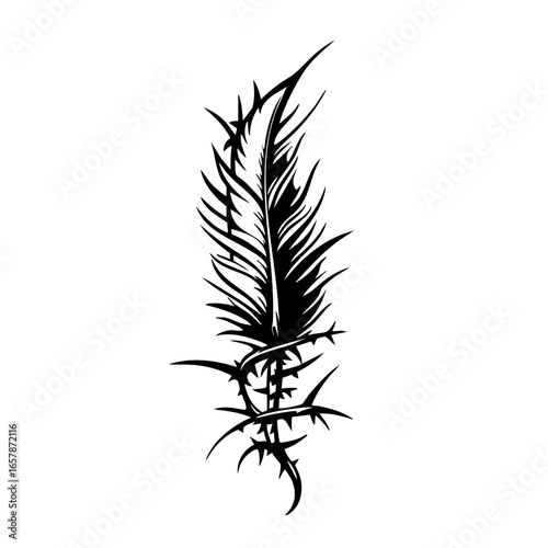 Black decorative feather design featuring sharp thorns and intricate details perfect for tattoos and artwork inspiration