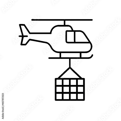 Simple line art icon of a helicopter transporting a cargo sling load