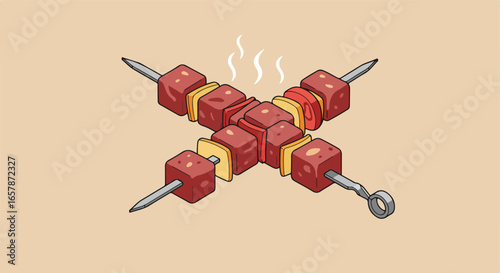 Grilled shish kebab skewers smoking on plain backdrop for recipes and food blogs