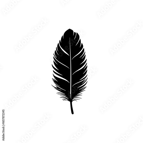 Black vector of a detailed feather showcasing intricate lines and curves suitable for design projects and artistic representations