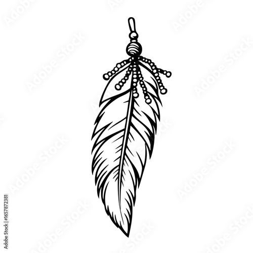 Detailed black vector illustration of an ornate feather with beads on a hanging loop showcasing intricate design and elegance