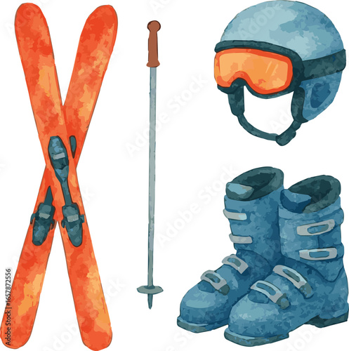 Collection of watercolor painted skiing stuff