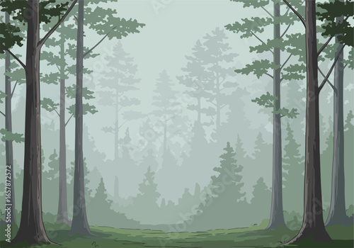 Calm view of trees in foggy woods, background is shrouded in mist. Can be background