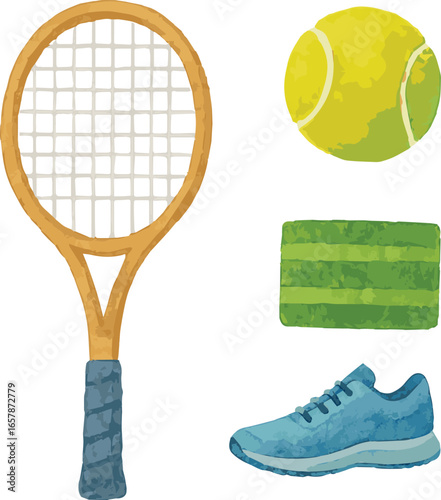 Collection of watercolor painted vector tennis stuff