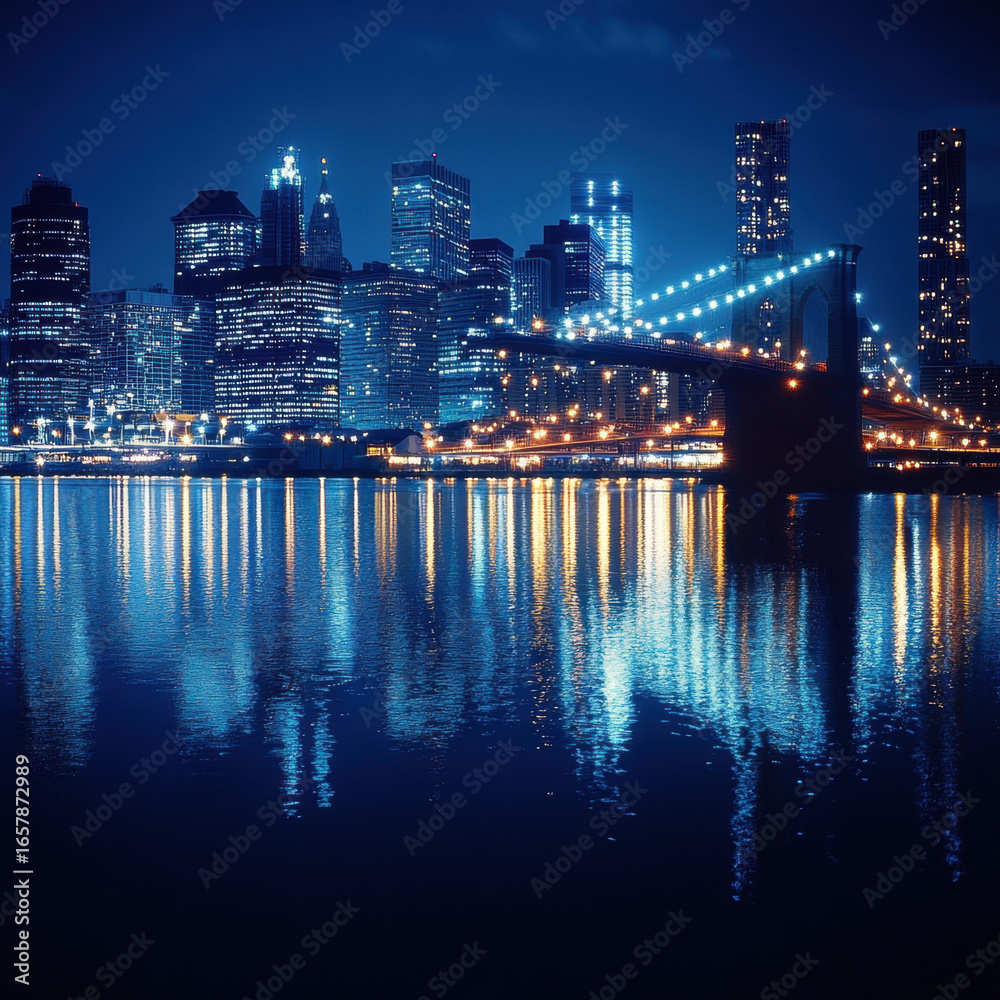 Naklejka premium Vibrant city skyline at night with illuminated skyscrapers and bridge reflecting on calm water, creating serene and captivating urban scene