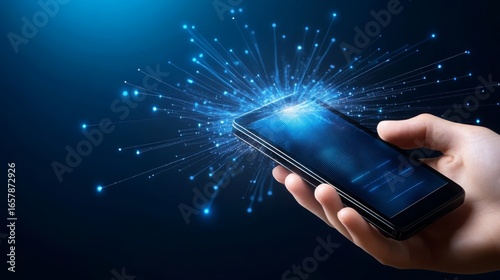 Wallpaper Mural Hand holding smartphone blue digital data streams emanating from screen Torontodigital.ca