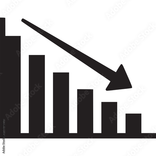 Graph chart with downward arrow showing decrease and decline, isolated on white background