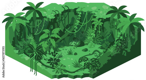 Isometric view of the dense green jungle vegetation, for game development design