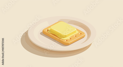 Butter melting on toast sitting on a plate. Background is a plain, tan surface