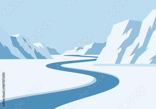 Vector icy river flows through snowy mountains. For backgrounds & illustrations