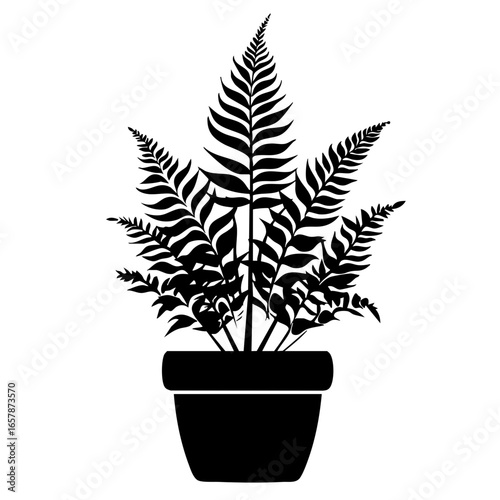 Stylish black vector illustration of a fern plant in a decorative pot with detailed leaves and stems