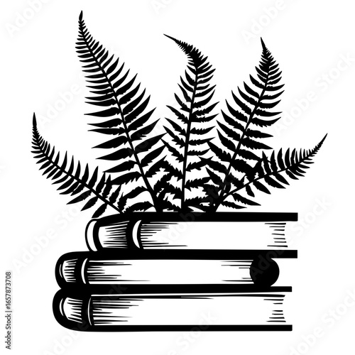 Unique black vector illustration of stacked books with ferns creating a harmonious blend of nature and knowledge