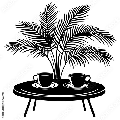 Elegant table with two coffee cups and a decorative palm plant for a cozy café atmosphere