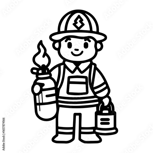 Vector illustration of a firefighter holding a flame and a fire extinguisher in response to an emergency