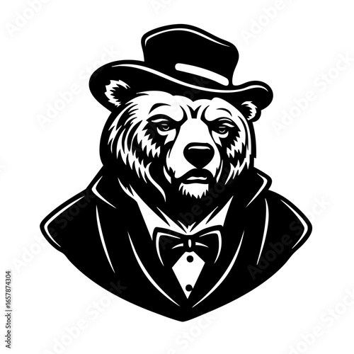 Stylish bear dressed in formal attire with a bow tie and top hat, showcasing elegance and sophistication