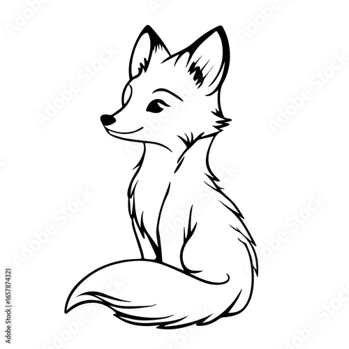 Sitting cartoon fox character with a bushy tail and playful expression in a simple black vector design
