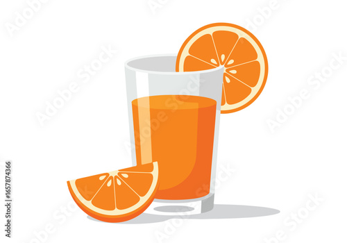 Fresh orange juice in glass with slices, on a plain white background, illustration