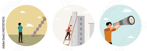 Ambition concept. Build ladder of success. Discover new idea or business insight.