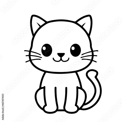 Cute black vector illustration of a smiling cat sitting cheerfully, showcasing its playful character and friendly demeanor