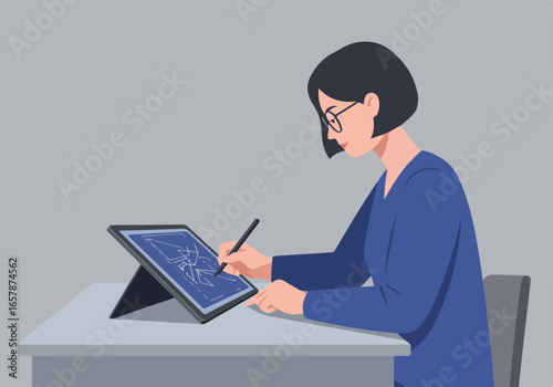 Woman designs on tablet at desk. Background is light grey. Digital planning
