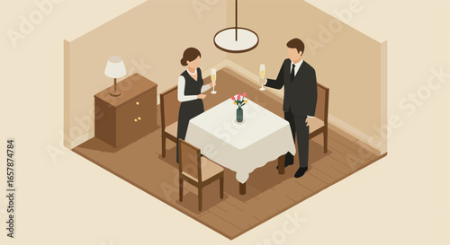 Couple toasting in a stylish dining room with lamp and table set. Isometric
