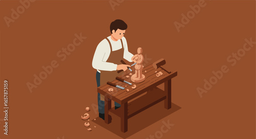 Woodcarver shapes statue at table; wood shavings on floor. Craft skill learning art