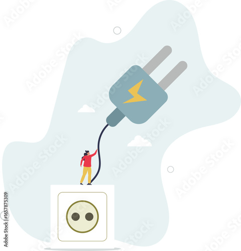 flat vector illustration. unplug appliances.Power save concept.human life.