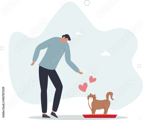 man toilet training a cat. pets concept.flat vector illustration.human life.