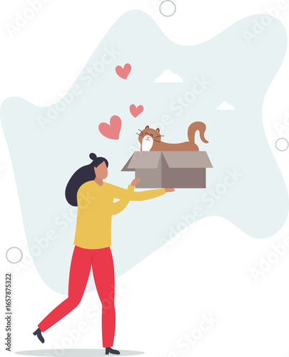 woman volunteer and homeless cat. cute animal concept.flat vector illustration.human life.