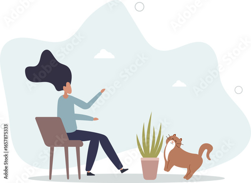 cat sniffing a plant in a pot. pets concept.flat vector illustration.human life.