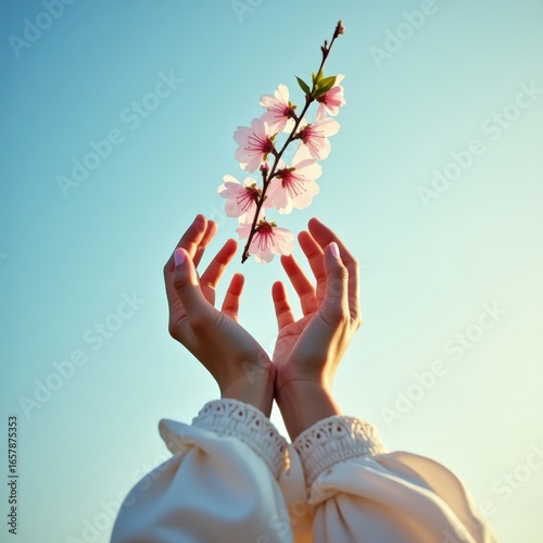 Hands with long white sleeves holding a cherry blossom branch against a blue sky, petals gently blowing in spring breeze, bright morning light.