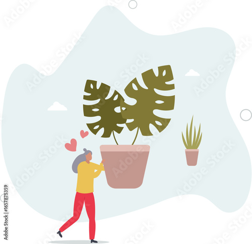 active elderly woman with hobby.flat vector illustration.caring for home decorative plants.human life.