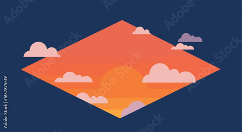 Sunset landscape within diamond shape with clouds in dark blue background for poster