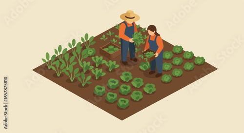 Isometric view of farmers harvesting crops in a garden on a plain background