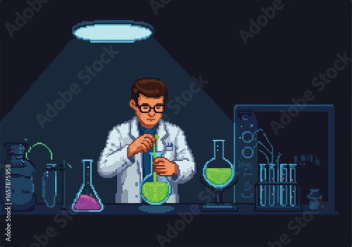Pixel scientist mixes chemicals in a lab. Other lab equipment displayed in the background