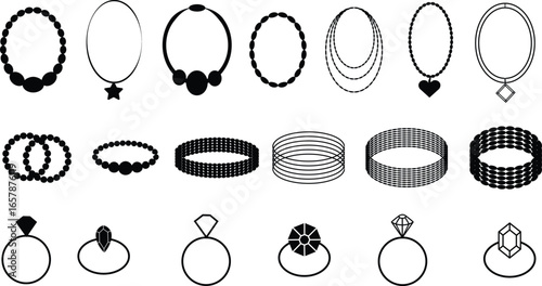 Jewelry icon set with necklaces, bracelets, bangles , and rings in flat black solid and outline line style vector illustration for fashion, beauty, luxury, accessory and ecommerce design