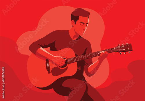 Man playing acoustic guitar on red. Abstract background art for music education