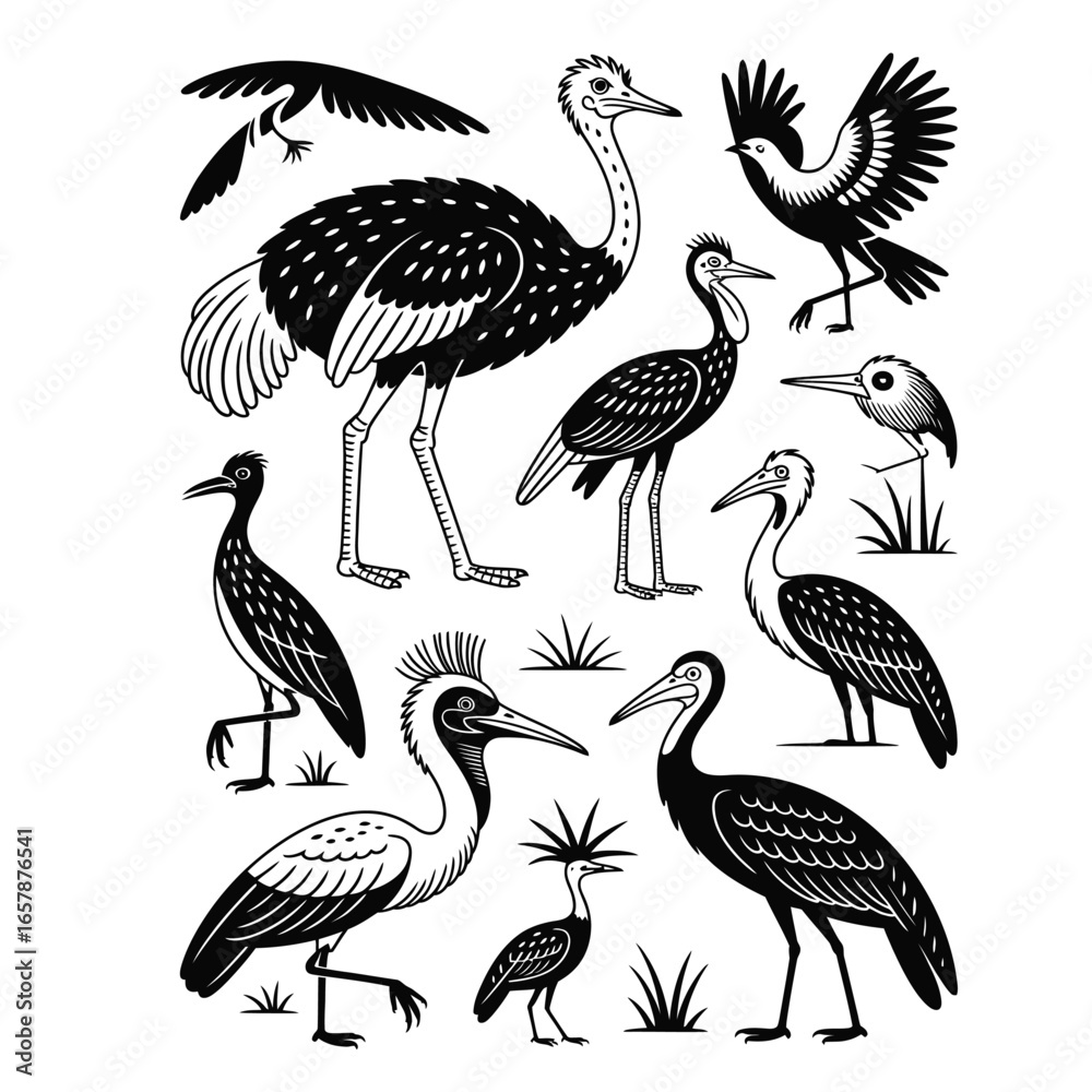 Naklejka premium Black and white vector bundle of big safari bird icons including ostrich, stork, secretary bird, hornbill, ibis, crane, vulture, guinea fowl, heron, and egret