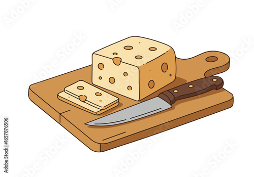 Cheese block cut with knife on a wood board in empty background for a recipe use