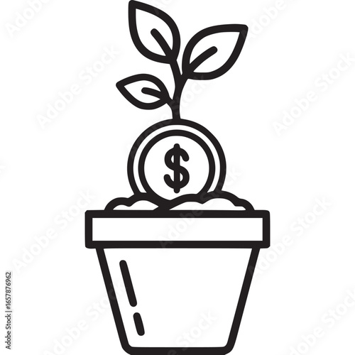 A plant growing from a coin in a pot isolated on white background, symbolizing financial growth, investment, and business success, representing the potential for profit and return