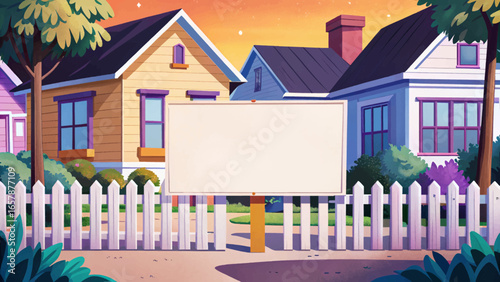 Blank vinyl banner on white picket fence in sunny neighborhood. outdoor advertising, real estate promotion, community events, and marketing design concepts.