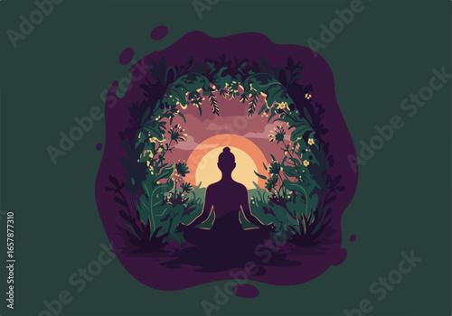 Serene meditation Person meditates in nature, sunrise through jungle foliage