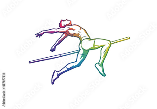Pole vaulter with colorful outline illustration with white background for promotion