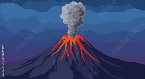 Volcano erupts. Lava flows down slope; smoke rises; dark sky. Geohazard education